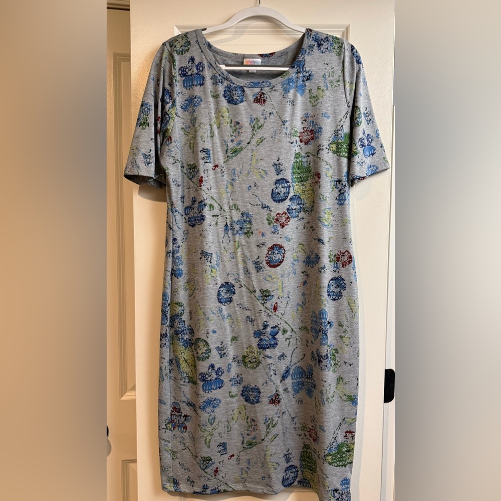 LuLaRoe Gray Midi Dress with Blue, Green, and Red Floral Print